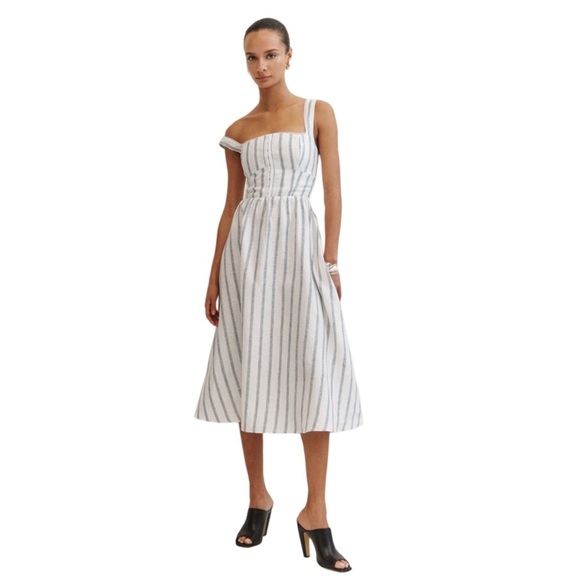 Reformation Women's Tagliatelle Linen Midi Dress - Harbor Stripe | NWT | Size 8 - Picture 4 of 16